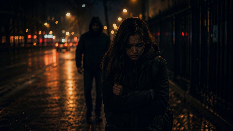 Woman walking alone on a dark street at night